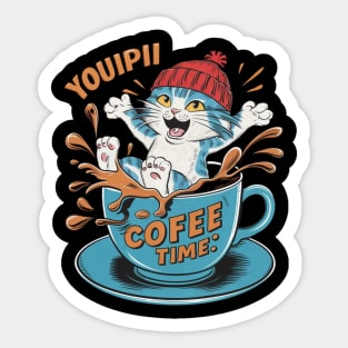 A hilarious and vibrant vintage-inspired illustration of an adorable cat wearing a red beanie, sitting inside a coffee cup that's spilling coffee Sticker